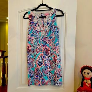 summer dress with shells and white piping